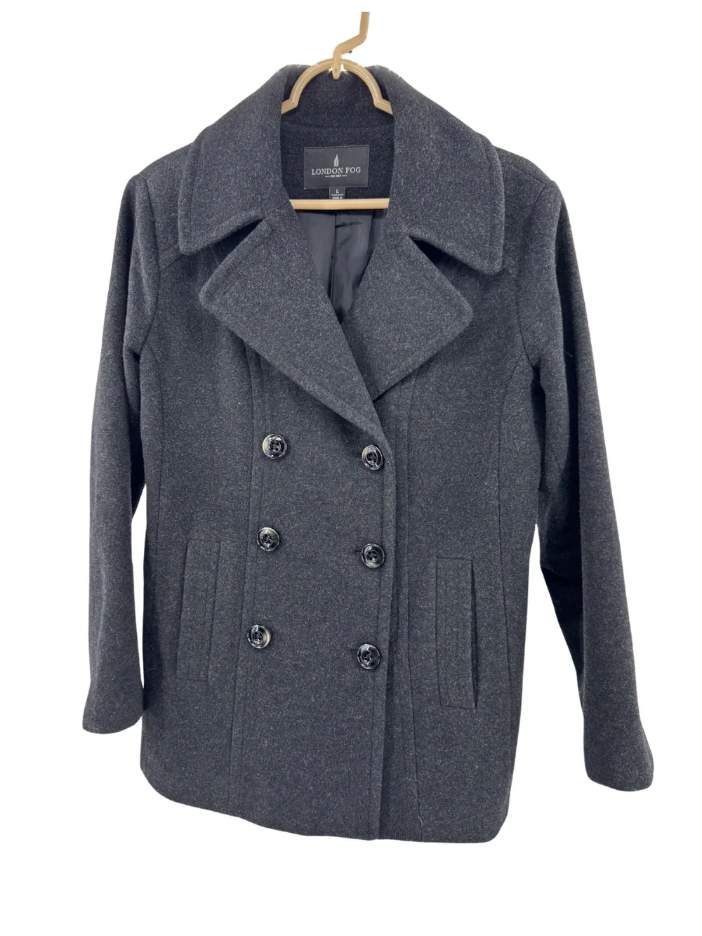 London Fog Women's Dark Charcoal Pea Coat L wool blend winter outdoors neutral